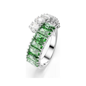 Swarovski Matrix sormus, vaalea metalli, kirkkaat ja vihreät kristallit
