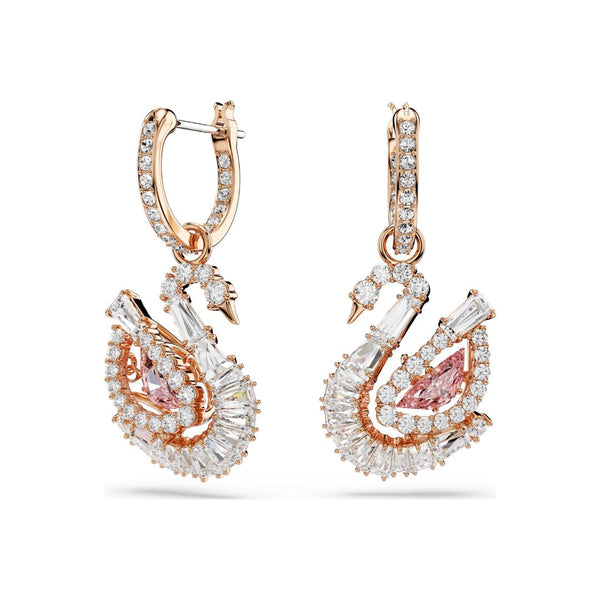 Swarovski Swan Earrings, Rose Gold Color, Pink and White Crystals, 573