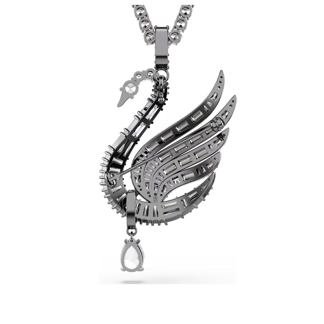 Swarovski Swan Pendant and Brooch, Dark Metal, White Crystals and Whit