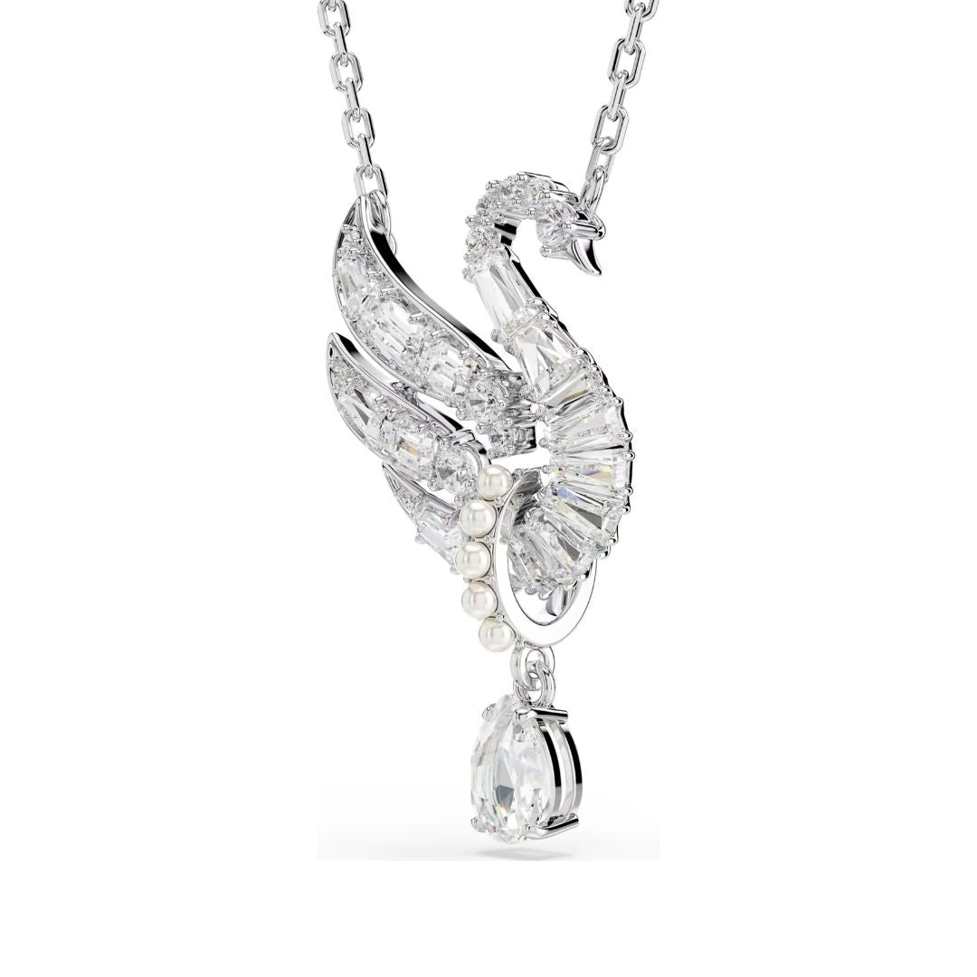 Swarovski Swan Pendant, Rhodium Plated Metal, White Crystals and White