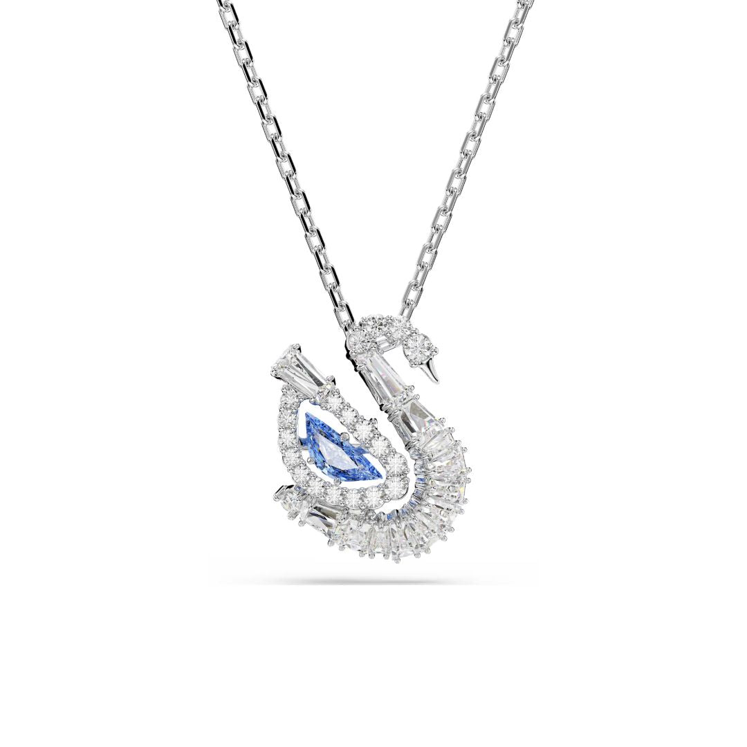 Swarovski Swan Pendant, Rhodium Plated Metal, Blue and White Crystals,