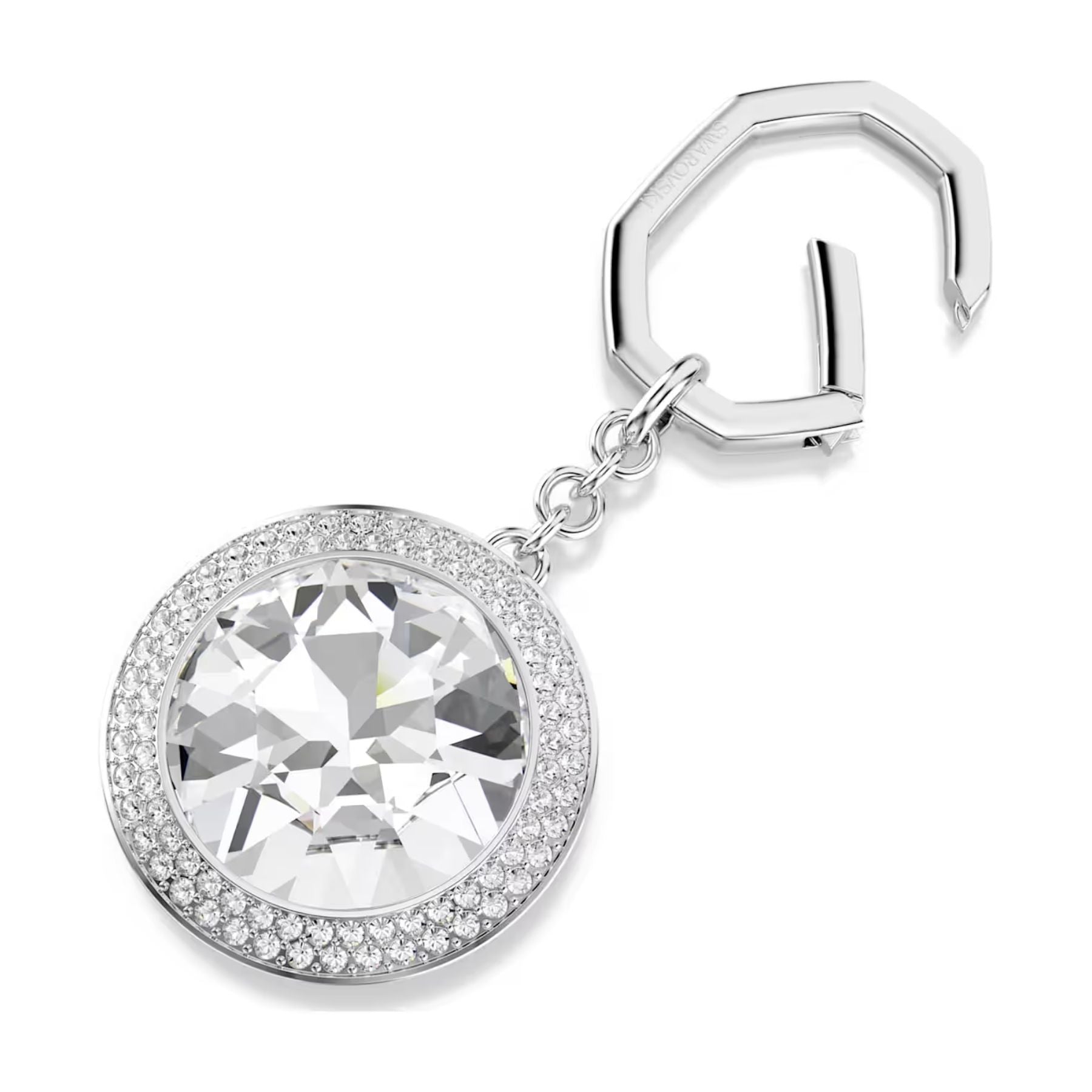 Swarovski Una laukkukoru vaaleassa metallissa, suuri kirkas keskikristalli ja pavé-istutus sekä avainrengas