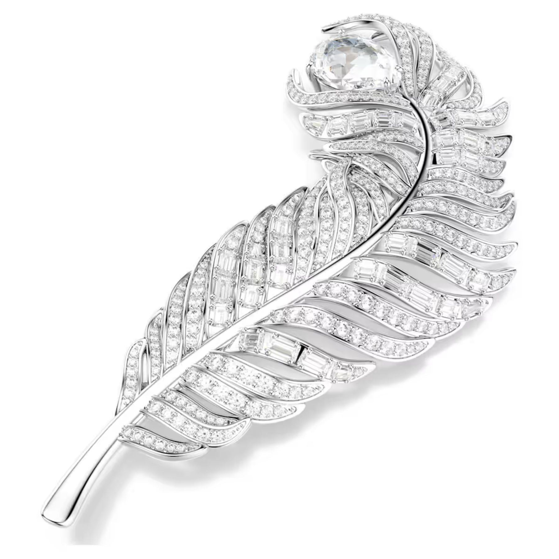 Swarovski höyhenenmuotoinen rintakoru vaaleaksi rodinoitua korumetallia ja säihkyviä kirkkaita zirkoneita
