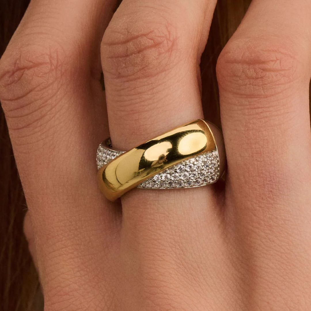 TI SENTO Bold Crossover sormus, keltakullattua hopeaa ja zirkonit, 12404ZY