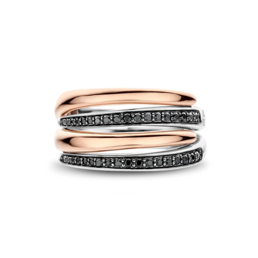 TI SENTO Bold Layered sormus, rosekullattua hopeaa ja mustat zirkonit, 12409BR