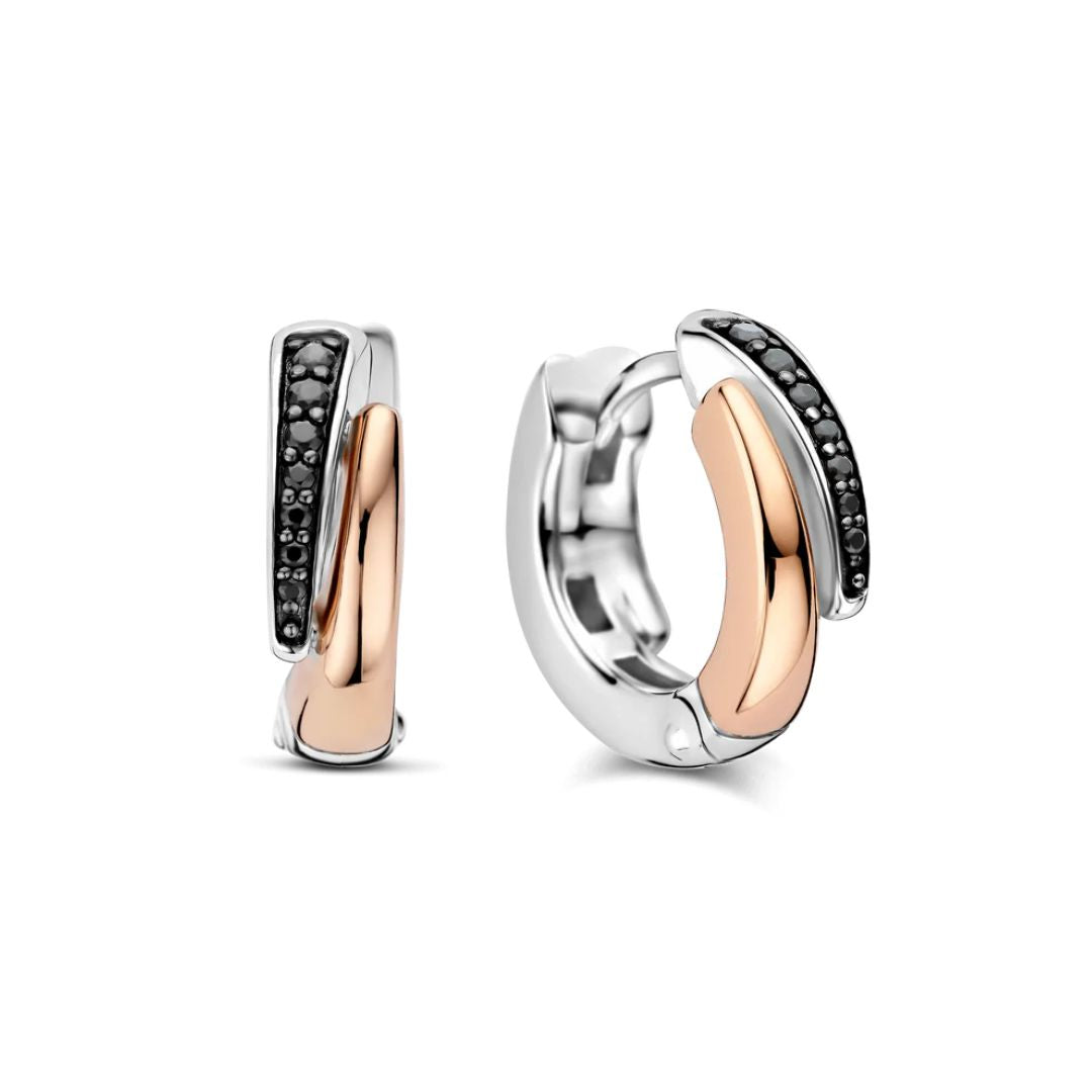 TI SENTO Layered rengaskorvakorut, rosekullattua hopeaa ja mustat zirkonit, 78052BR