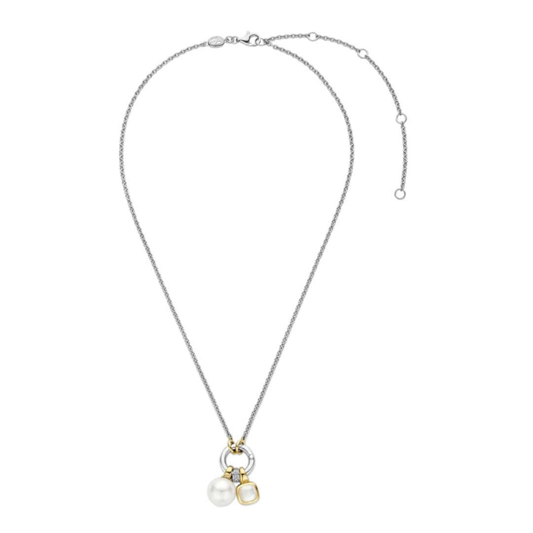 TI SENTO kaulakoru, keltakullattua hopeaa, zirkonit ja valkoinen helmi, 34114YP/42