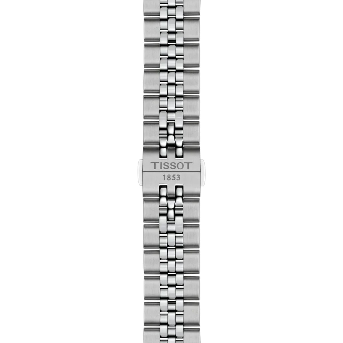 Tissot rannekellon teräksinen ranneke ja taittolukko, jossa näkyy Tissot 1853 kaiverrus