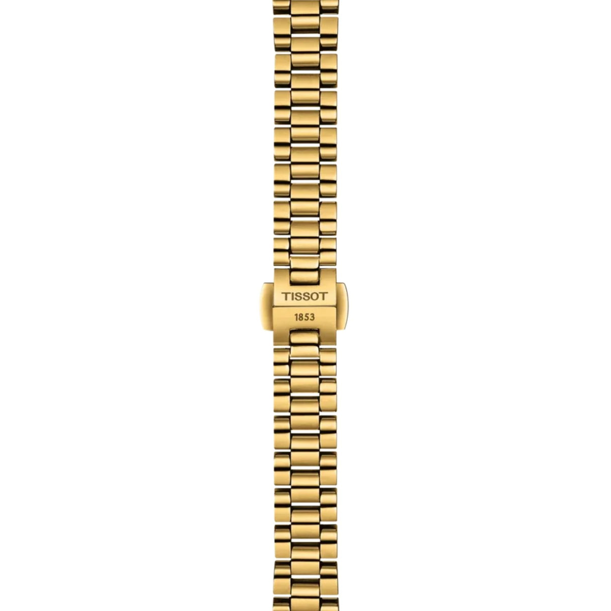 Tissot rannekellon kullanvärinen metalliranneke ja Tissot 1853 -kaiverruksella koristeltu lukko