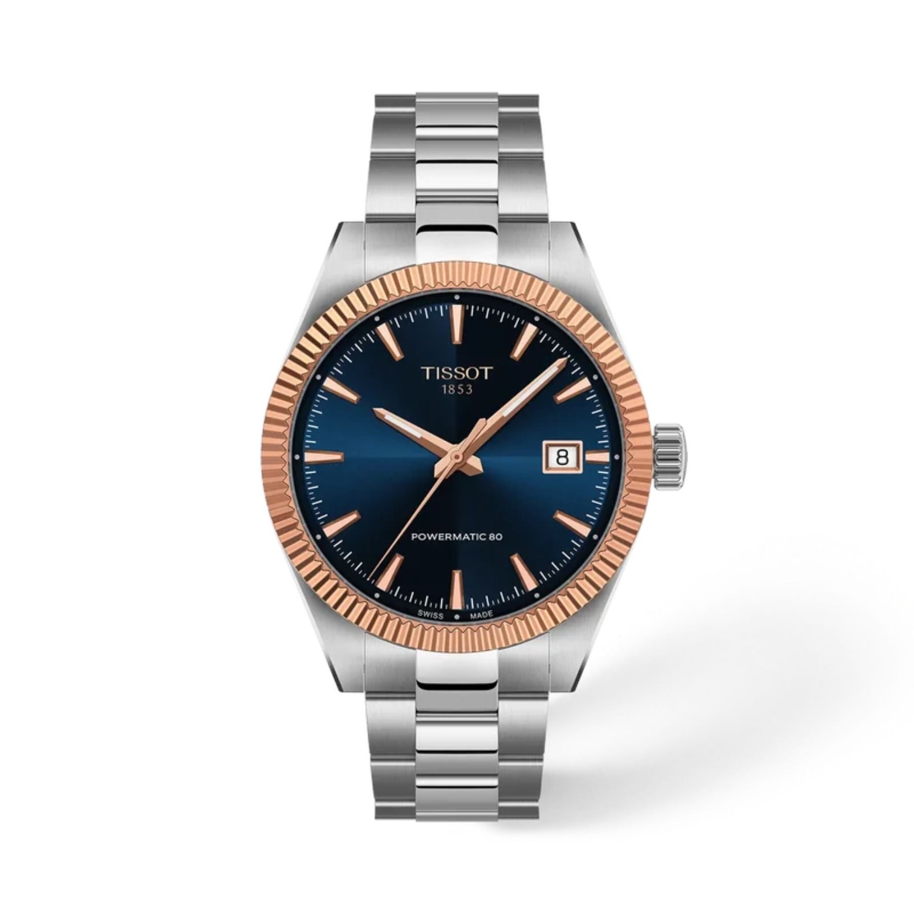 Tissot Gentleman rannekello sinisellä kellotaululla, ruusukultaisella kehyksellä, teräsrannekkeella ja päivämääränäytöllä