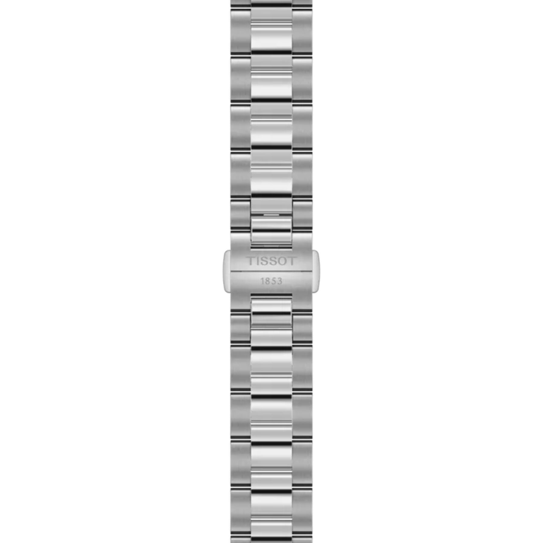 Tissot Gentleman -rannekellon hopeanvärinen teräsranneke ja taittolukko, jossa Tissot 1853 -kaiverrus