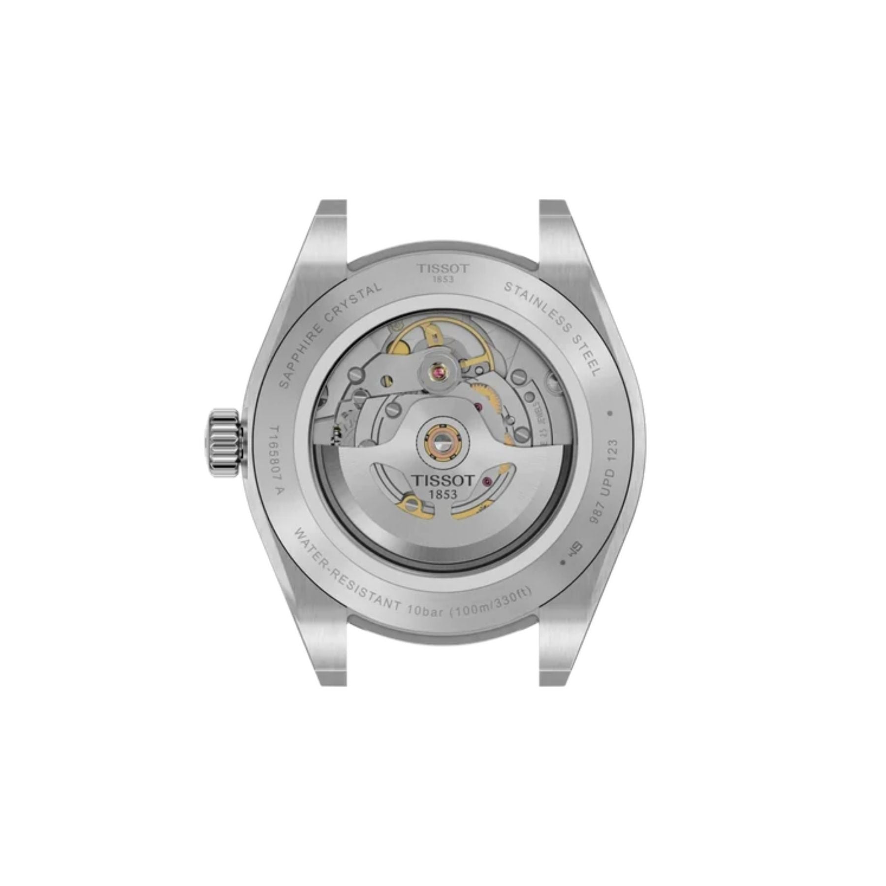 Tissot Gentleman -rannekellon teräksinen takakansi, läpinäkyvä pohja ja näkyvä automaattikoneisto Tissot 1853 -roottorilla