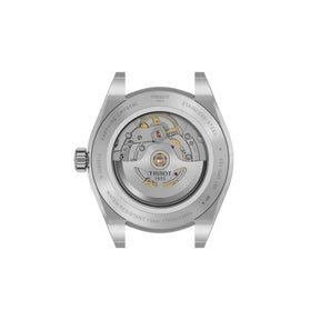 Tissot Gentleman -rannekellon teräksinen takakansi, läpinäkyvä pohja ja näkyvä automaattikoneisto Tissot 1853 -roottorilla
