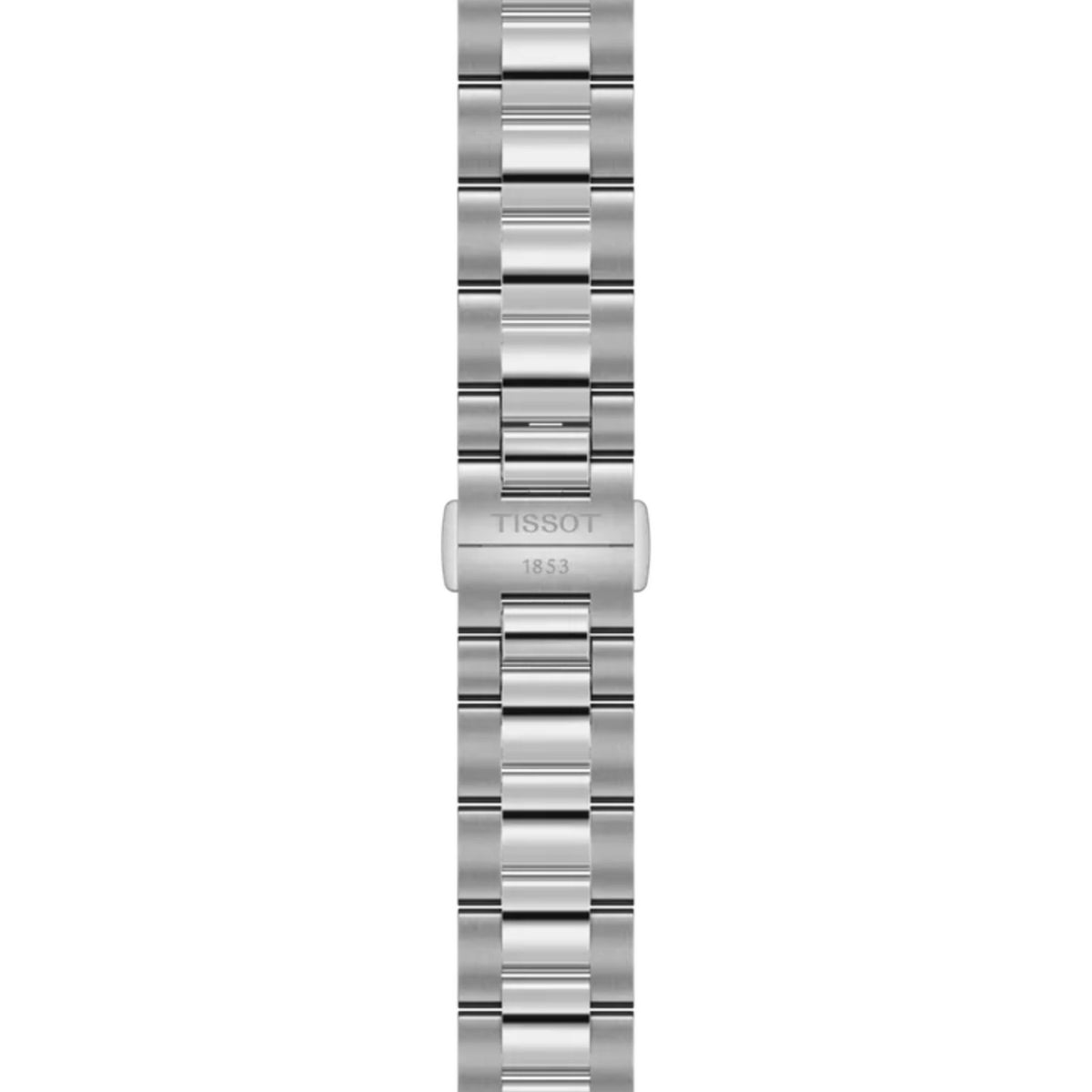 Tissot-rannekellon hopeanvärinen teräsranneke ja taittolukko, jossa näkyvät Tissot ja 1853 -kaiverrukset