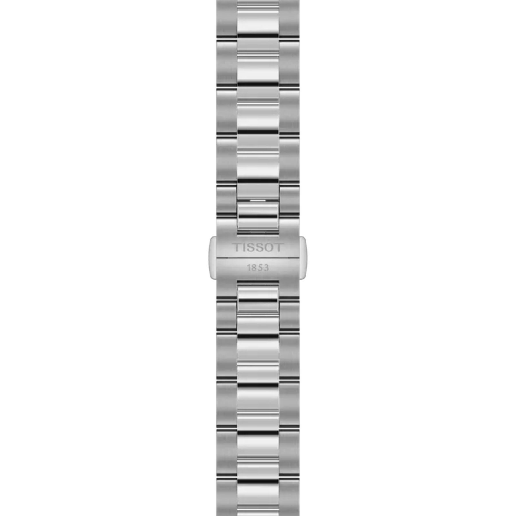 Tissot-rannekellon hopeanvärinen teräsranneke ja taittolukko, jossa näkyvät Tissot ja 1853 -kaiverrukset
