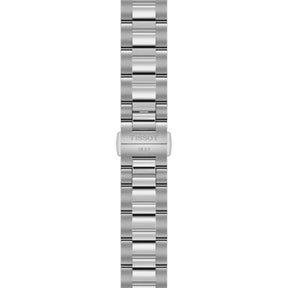 Tissot-rannekellon hopeanvärinen teräsranneke ja taittolukko, jossa näkyvät Tissot ja 1853 -kaiverrukset