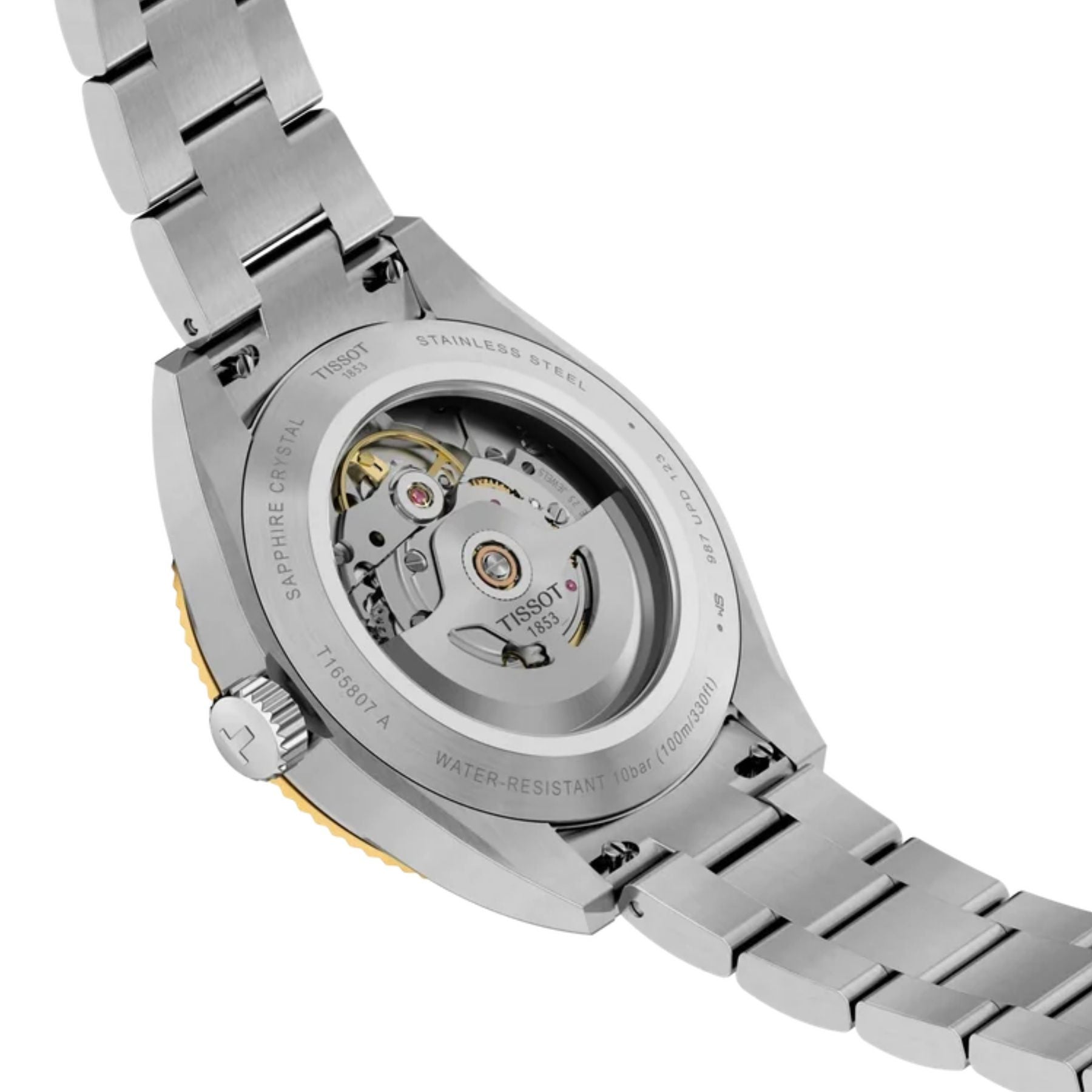 Tissot Gentleman -rannekellon läpinäkyvä takakansi, automaattikoneisto, teräsranneke ja keltakultainen kehä sivusta katsottuna
