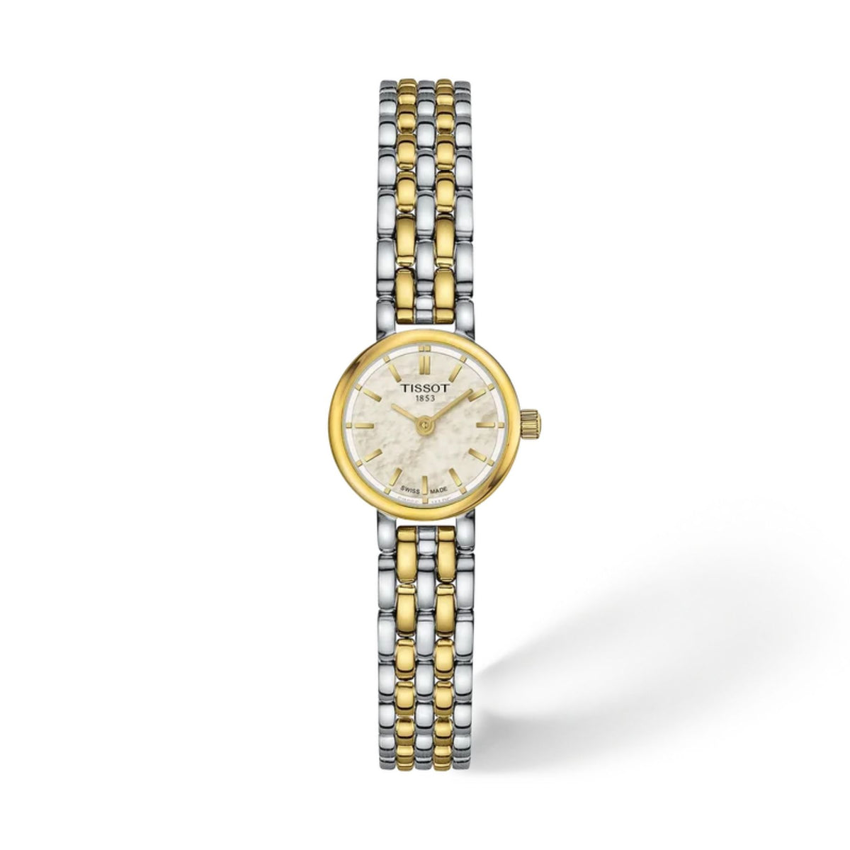 Tissot Lovely naisten rannekello kaksivärisellä teräsrannekkeella ja valkoisella helmiäiskellotaululla, kultasävyinen kehä ja kvartsikoneisto