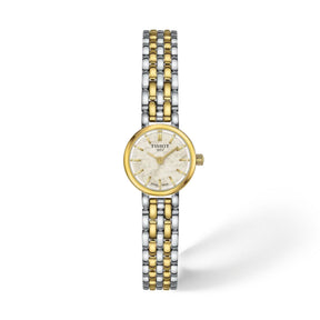 Tissot Lovely naisten rannekello kaksivärisellä teräsrannekkeella ja valkoisella helmiäiskellotaululla, kultasävyinen kehä ja kvartsikoneisto