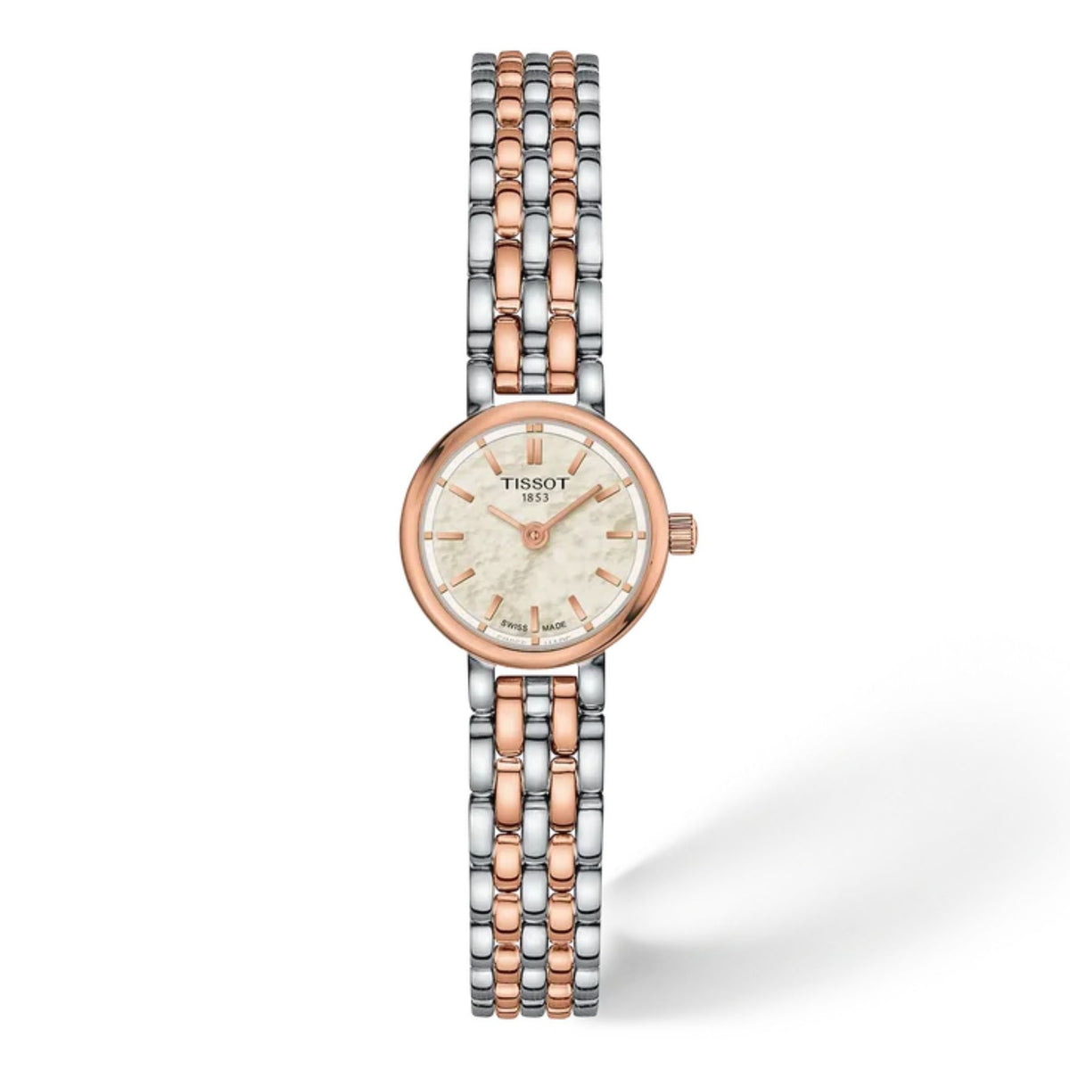 Tissot Lovely naisten rannekello, pyöreä kaksivärinen teräskuori ja ranneke sekä valkoinen helmiäiskellotaulu