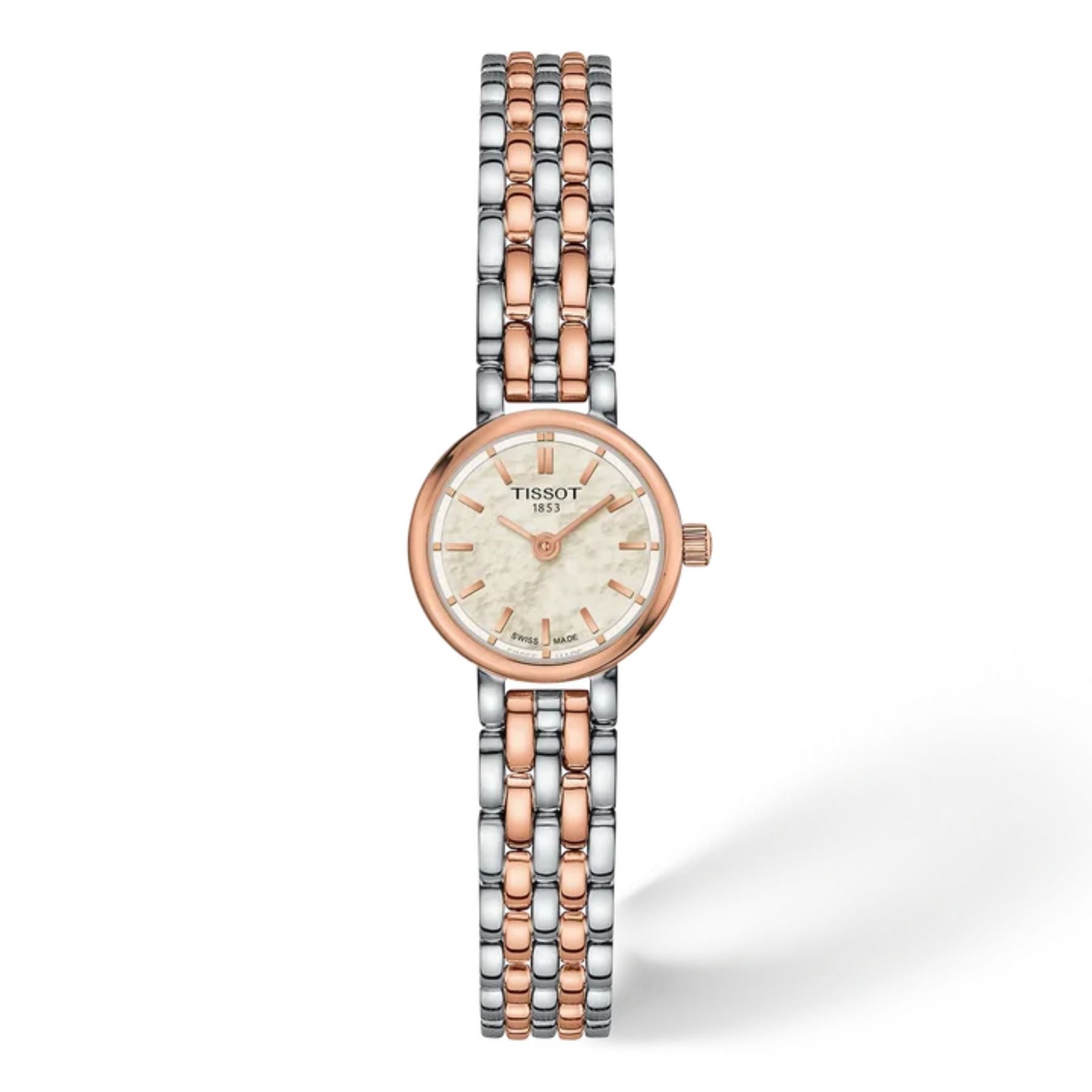 Tissot Lovely naisten rannekello, pyöreä kaksivärinen teräskuori ja ranneke sekä valkoinen helmiäiskellotaulu