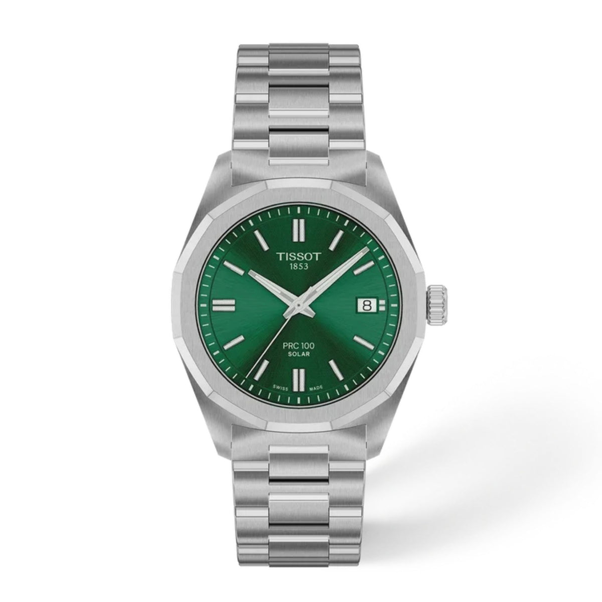 Tissot PRC 100 miesten rannekello vihreällä kellotaululla, hopeanvärisellä teräsrannekkeella ja päivämääränäytöllä
