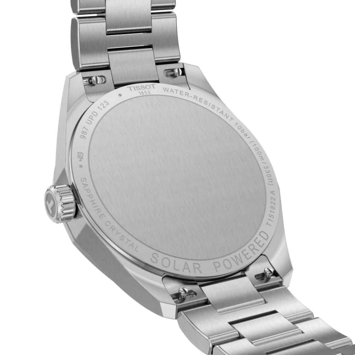 Tissot PRC 100 -rannekellon teräksinen takakansi, kruunu, teräsranneke ja Solar Powered -kaiverrus
