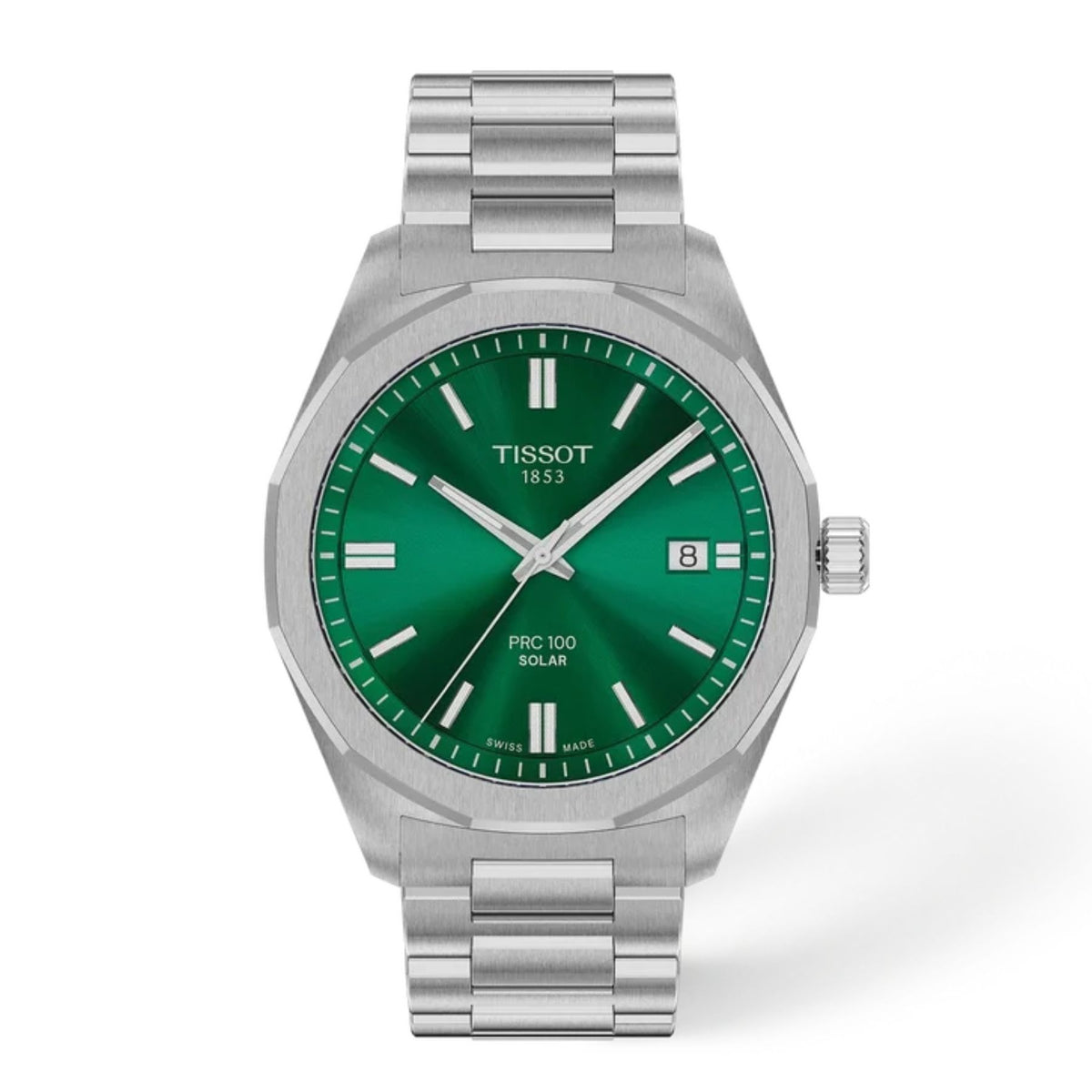 Tissot-rannekello vihreällä kellotaululla, hopeanvärisellä teräsrannekkeella, päivämääränäytöllä ja valkoisilla indekseillä.
