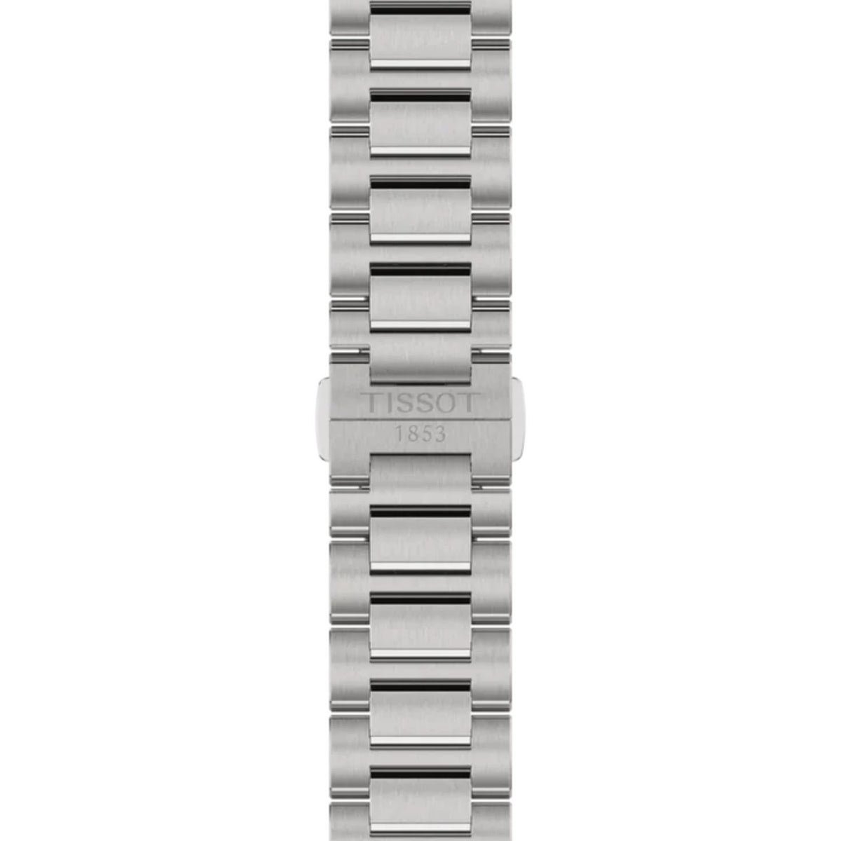 Tissot-rannekellon hopeanvärinen teräsranneke ja taittolukko, jossa näkyy Tissot 1853 -kaiverrus.
