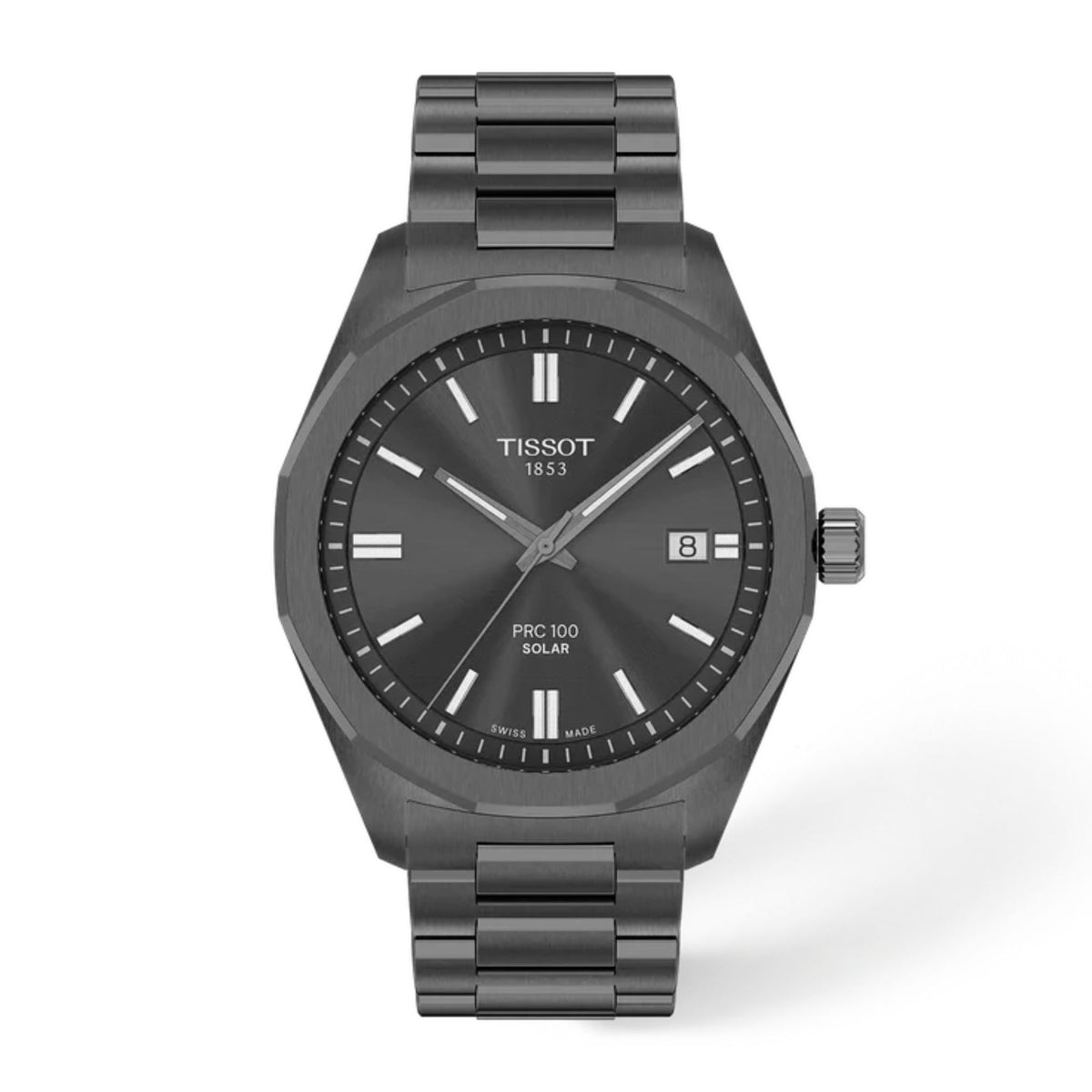 Tissot PRC 100 Solar miesten rannekello antrasiitinharmaalla kellotaululla, teräsrannekkeella ja päivyrillä 1 atm?