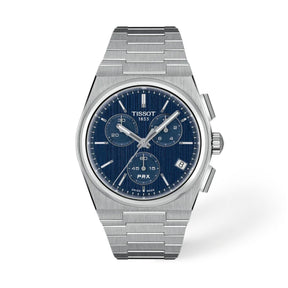 Tissot PRX Chronograph rannekello teräsrannekkeella, sinisellä taululla, kolmella ajanottotaululla ja päivämääränäytöllä