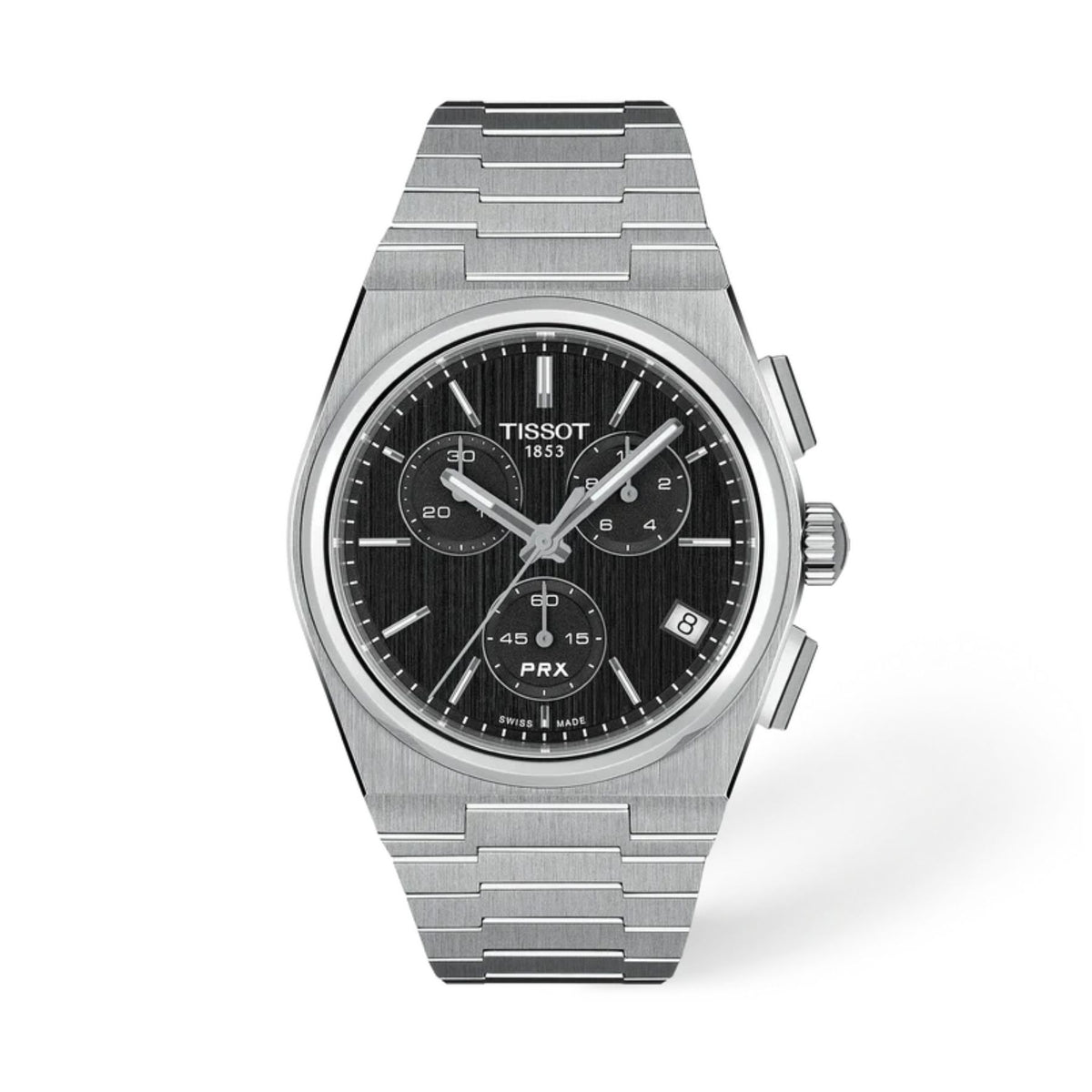 Tissot PRX kronografirannekello teräsrannekkeella, musta taulu, päivyri ja kolme ajanottolaskuria