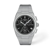 Tissot PRX kronografirannekello teräsrannekkeella, musta taulu, päivyri ja kolme ajanottolaskuria
