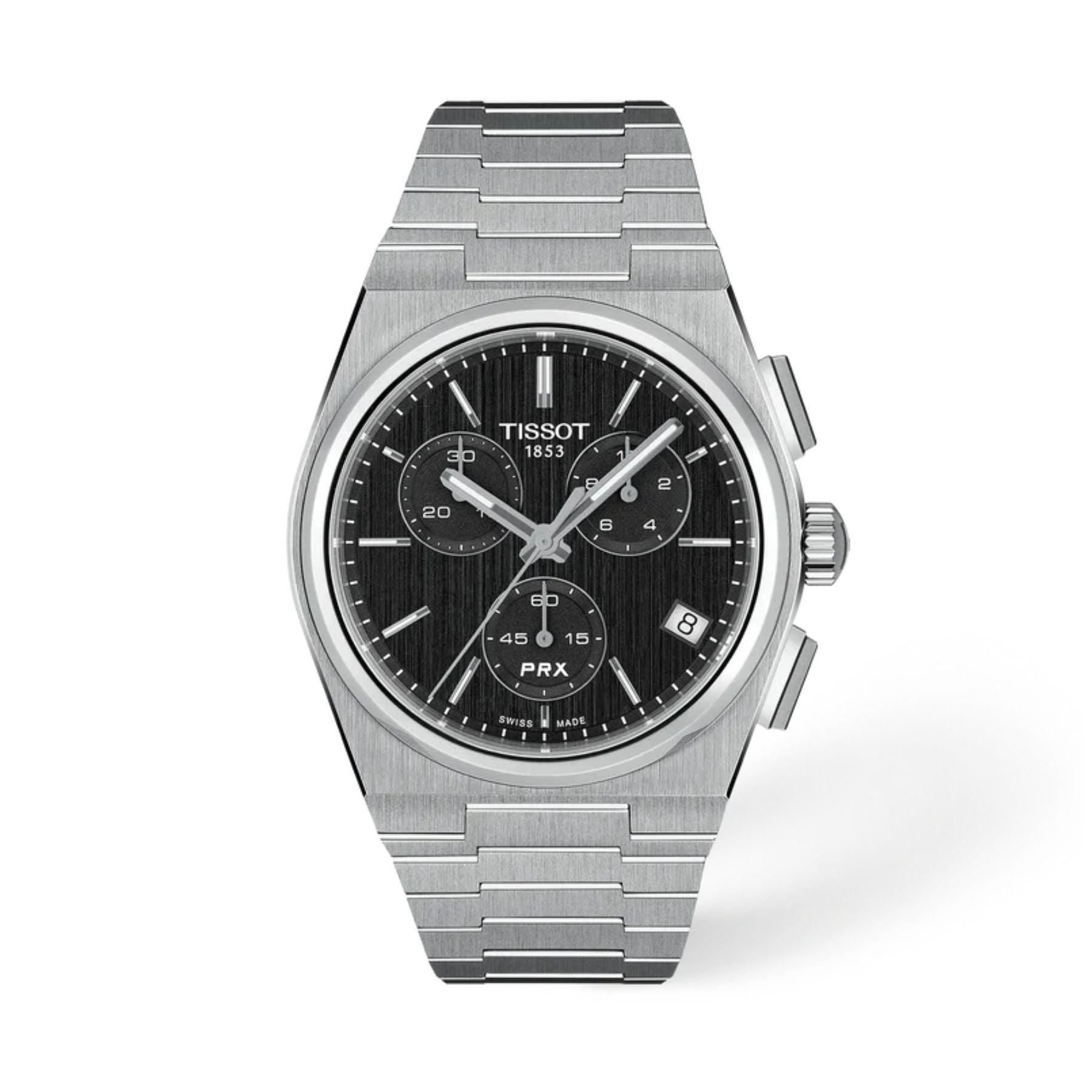 Tissot PRX kronografirannekello teräsrannekkeella, musta taulu, päivyri ja kolme ajanottolaskuria