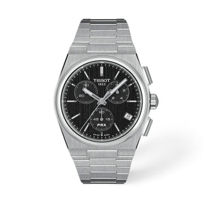 Tissot PRX kronografirannekello teräsrannekkeella, musta taulu, päivyri ja kolme ajanottolaskuria