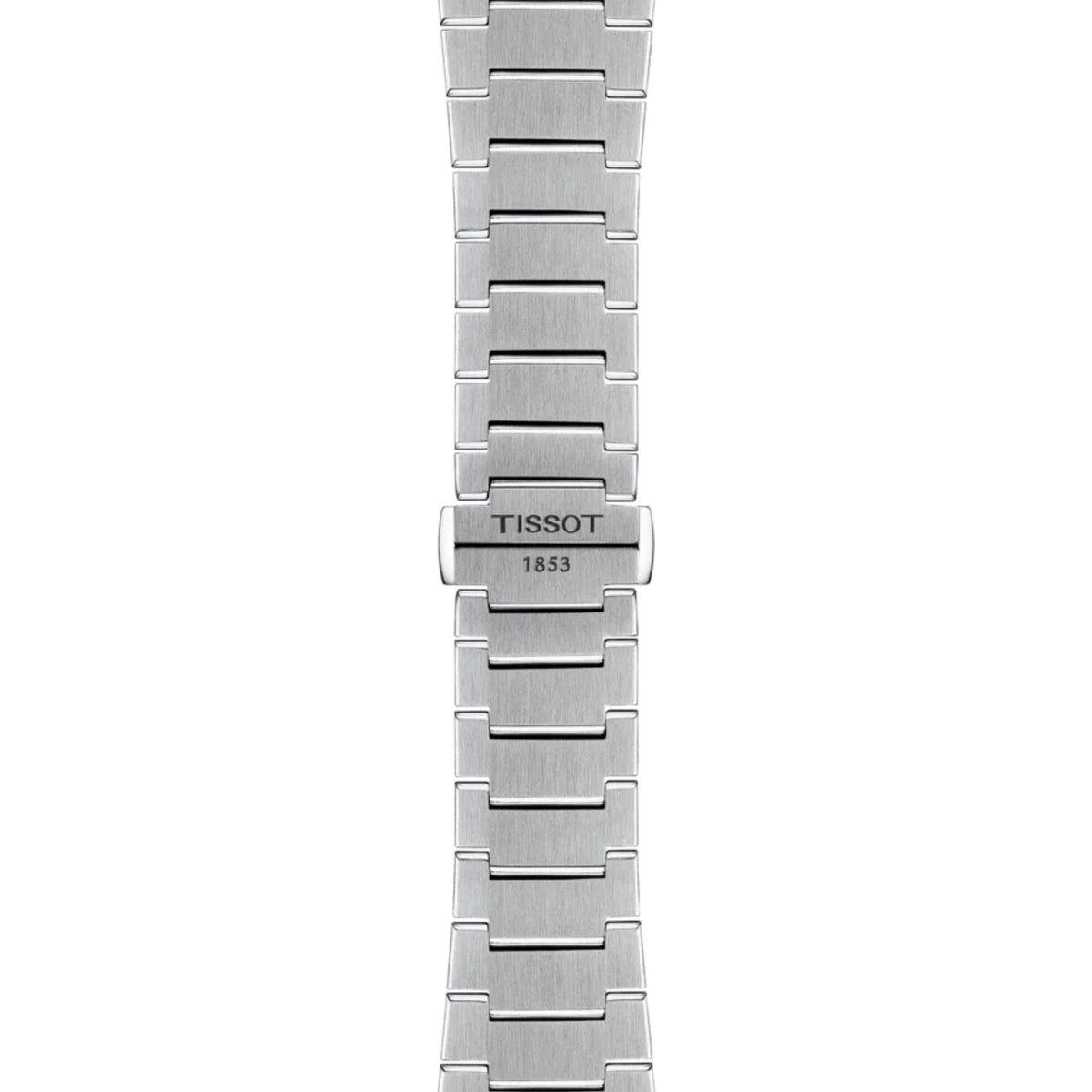 Tissot rannekellon teräksinen ranneke ja taittolukko, jossa näkyy Tissot 1853 merkintä