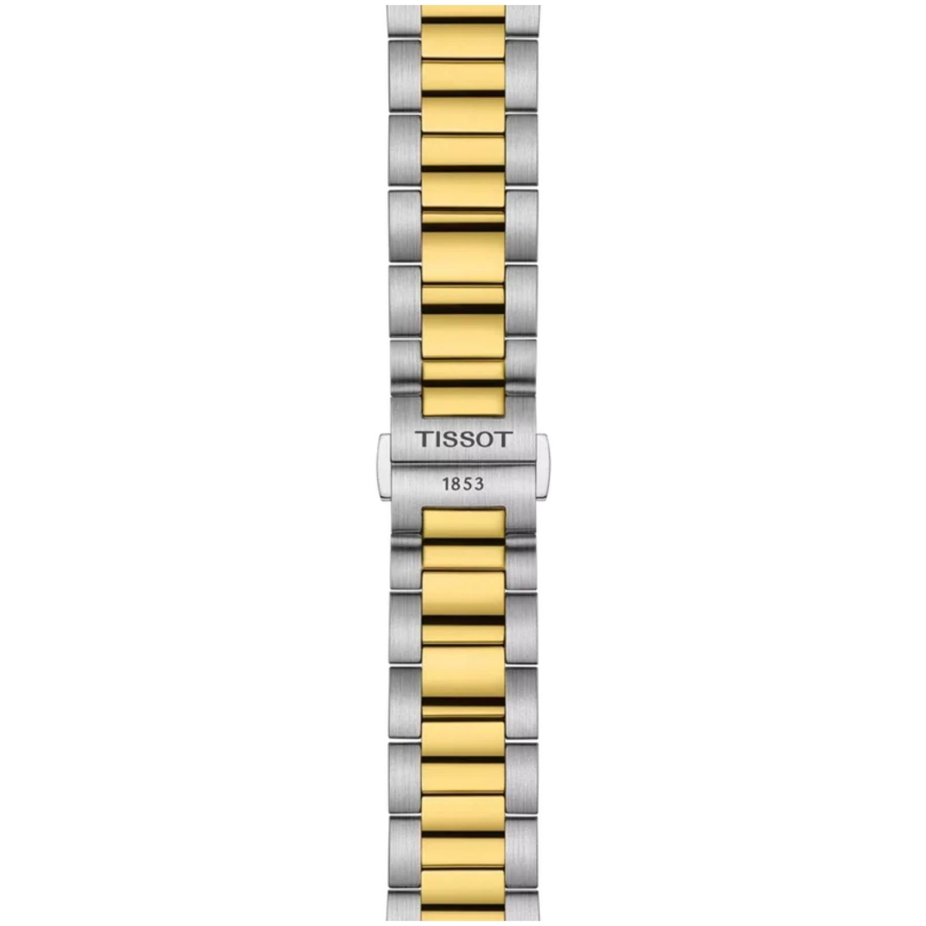 Tissot-rannekellon kaksivärinen teräsranneke ja taittolukko, jossa näkyy Tissot 1853 -kaiverrus