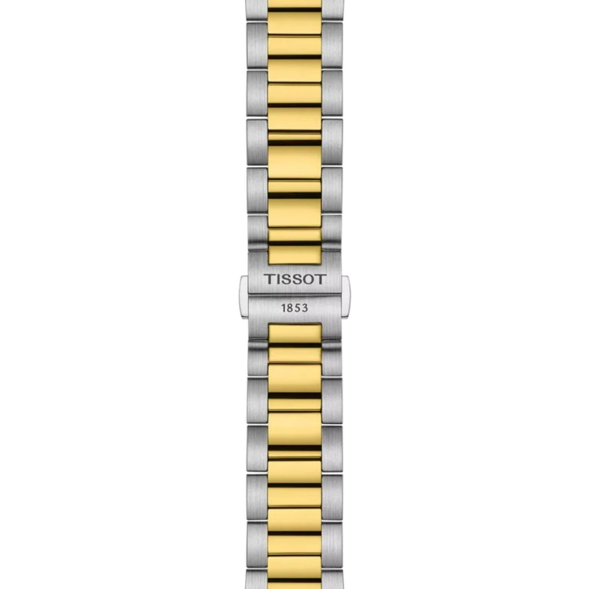 Tissot PR 100 -rannekellon kaksivärinen teräsranneke ja taittolukko, jossa Tissot 1853 -kaiverrus