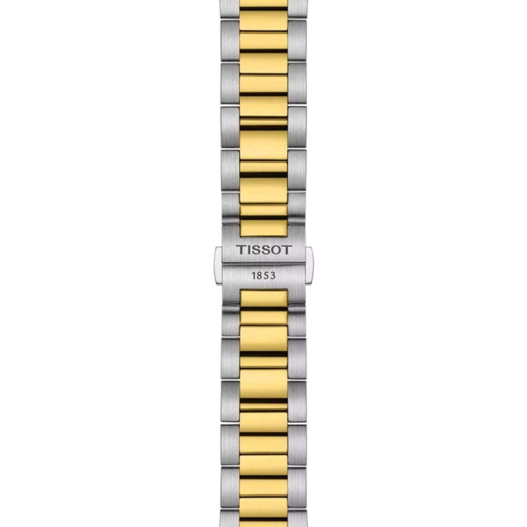 Tissot PR 100 -rannekellon kaksivärinen teräsranneke ja taittolukko, jossa Tissot 1853 -kaiverrus
