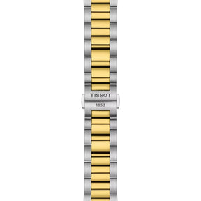 Tissot PR 100 -rannekellon kaksivärinen teräsranneke ja taittolukko, jossa Tissot 1853 -kaiverrus