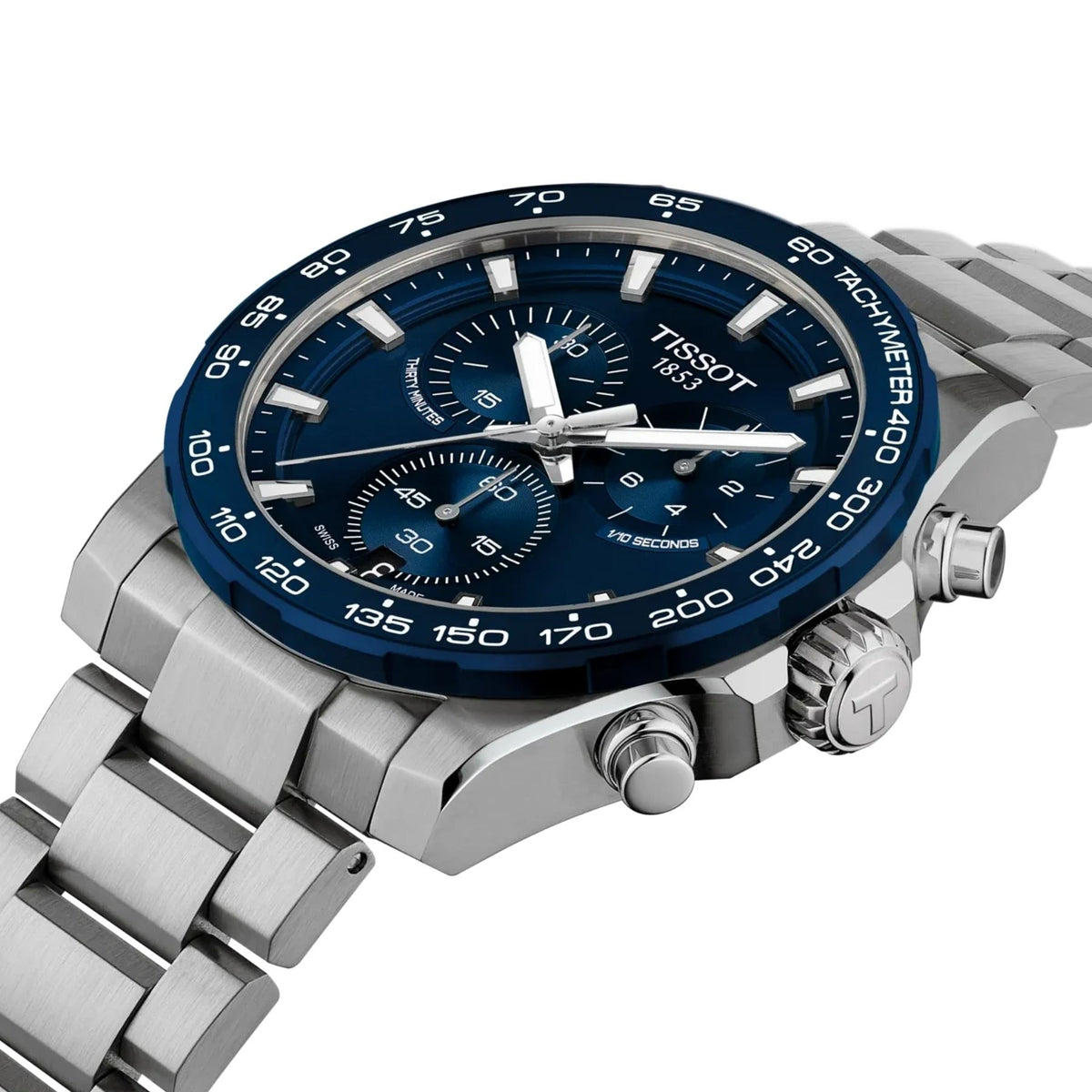 Tissot Supersport Chrono rannekello sinisellä kellotaululla, sinisellä kehyksellä, ajanottotoiminnoilla ja teräsrannekkeella