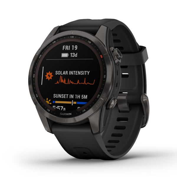 Garmin Fenix 7S Sapphire Solar, Charcoal Grey DLC Titanium with Blac