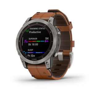 Garmin Fenix 7 Sapphire Solar 47 mm titaani ja ruskea nahkaranneke, multisport-GPS-kello 010-02540-31
