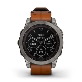 Garmin Fenix 7 Sapphire Solar 47 mm titaani ja ruskea nahkaranneke, multisport-GPS-kello 010-02540-31