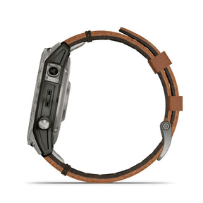 Garmin Fenix 7 Sapphire Solar 47 mm titaani ja ruskea nahkaranneke, multisport-GPS-kello 010-02540-31