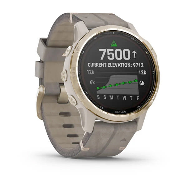 Garmin Fenix 6S Pro Solar 42 mm vaalea kulta ja harmaa mokkanahkahihna, monilajiälykello 010-02409-26 - Garmin - Laatukoru